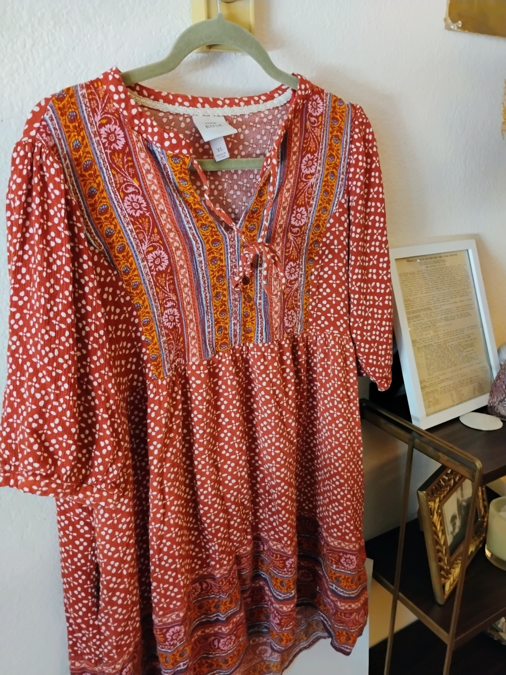 Knox Rose Boho Mixed Floral Print Babydoll Dress Orange Rayon Tie Neck Sz XL